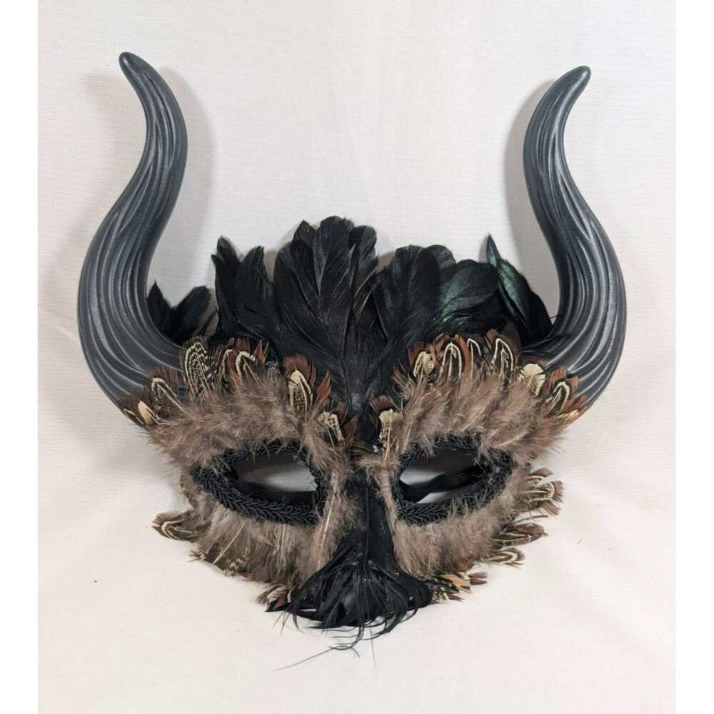 Horned Feather Masquerade Mask Adult Unisex Black Brown Tribal Demon Costume